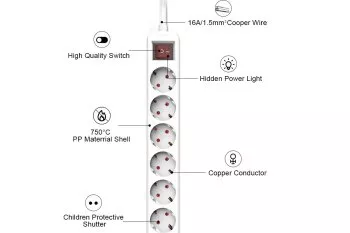 Socket strip, 6-way, with switch, GS, CE, white, cable length 1.30m